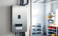Inspecting an electrical panel showcasing its organized circuit connections and labeled breakers.