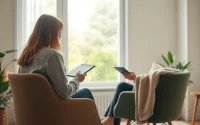 Therapist actively listens in a calming room, emphasizing healing trauma through personal connection.