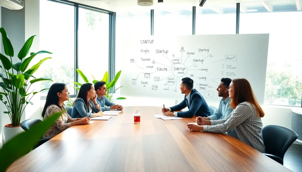 Current image: Visualize a collaborative team launching successful startup ideas in a bright office.