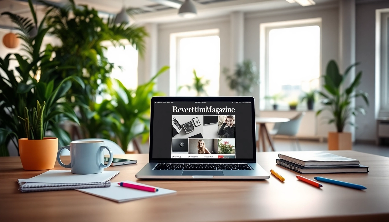 Engaging workspace with Reverbtime Magazine displayed on a laptop, featuring colorful stationery.