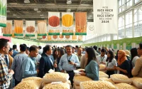 Engaged rice buyers at a trade show, showcasing various rice varieties in an energetic atmosphere.