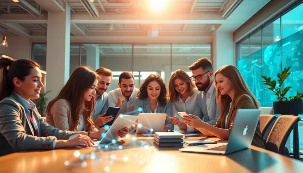 Current image: Professionals collaborating on Cloud migratie strategies in a modern office environment.