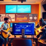 Artists collaborating with digital marketing specialists for music promotion services