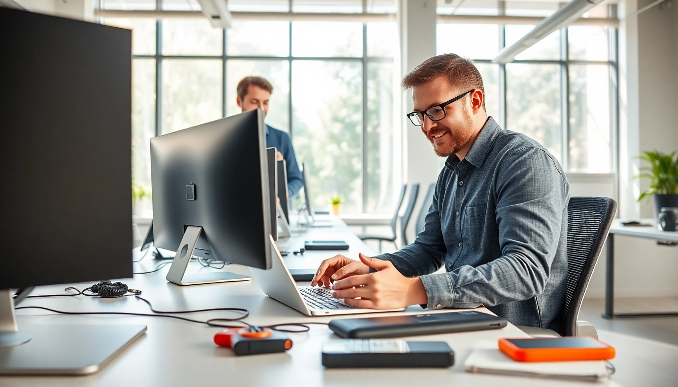Get professional computer help near me with an image showing a technician assisting a customer.