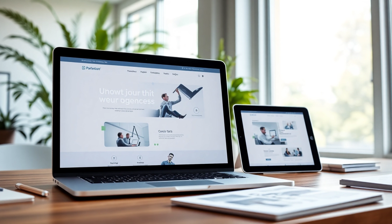 Create a dynamic website design mockup showcasing an innovative interface on a laptop and tablet in a professional office.