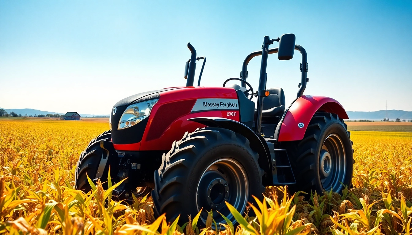 Massey Ferguson Traktor in einem lebendigen Feld mit blühenden Pflanzen.