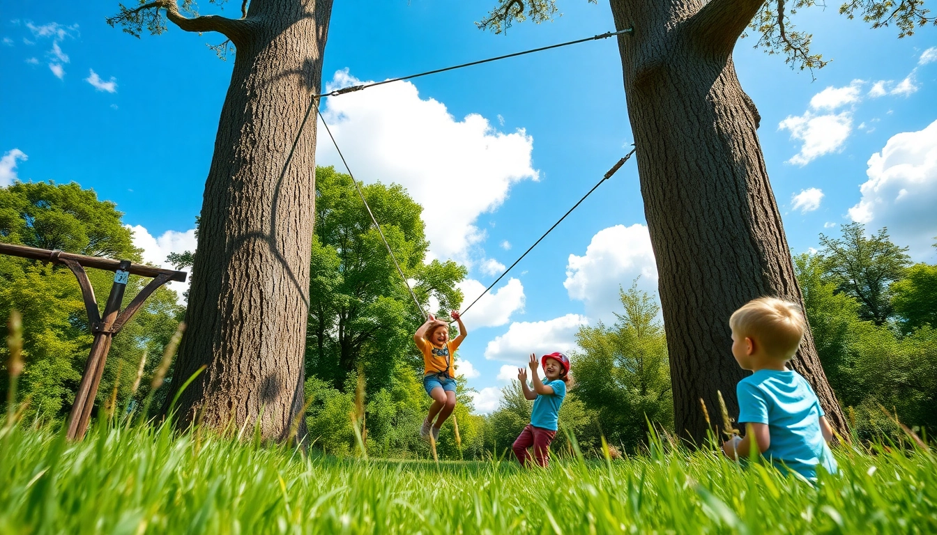 Enjoying the GARDEN ZIP WIRE KIT with excited children playing outdoors.