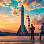 Revenue Rocket Lab showcases a rocket launch at a spaceport with advanced technological elements.