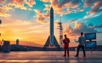 Revenue Rocket Lab showcases a rocket launch at a spaceport with advanced technological elements.