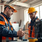 Engaged electrician apprentice in Hawaii focused on work while learning the trade skills.