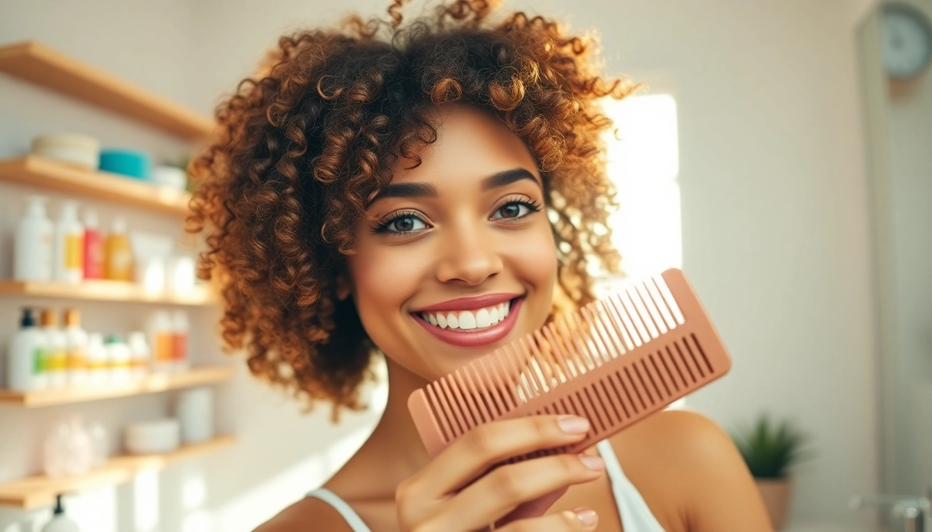 Woman using a curly hair comb to style her vibrant curls in a sunlit bathroom.