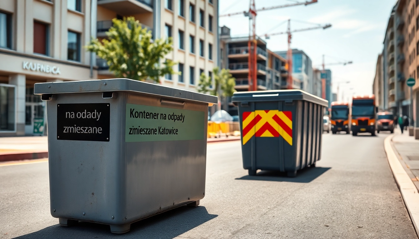 Wynajem kontenera na odpady zmieszane Katowice z widoczną teksturą i wystawionym znakiem.