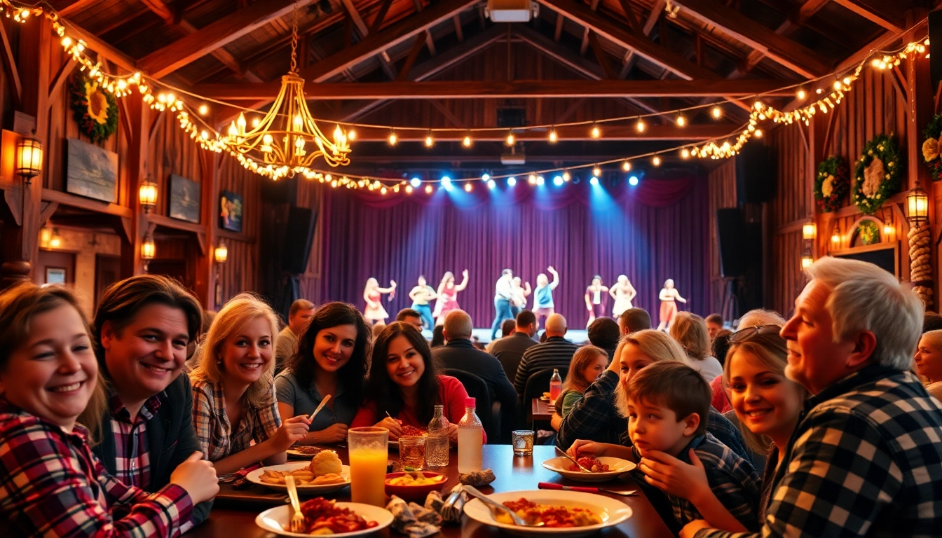 Enjoying a lively performance at firelight barn dinner theater, where families gather for food and entertainment.