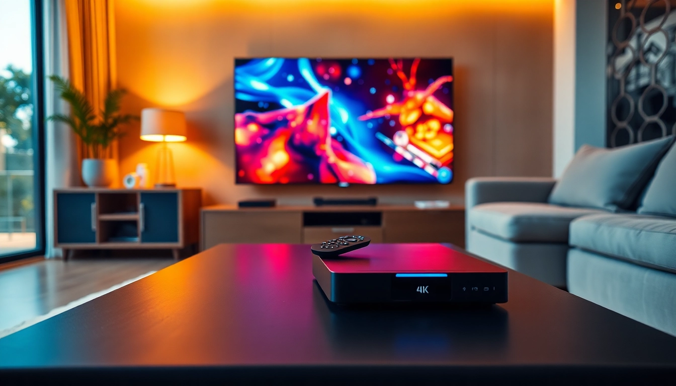 Comprar IPTV en un moderno salón con un televisor 4K y un dispositivo IPTV.