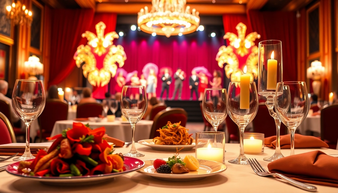Experience a vibrant Las Vegas dinner shows setting with gourmet meal and lively performance.